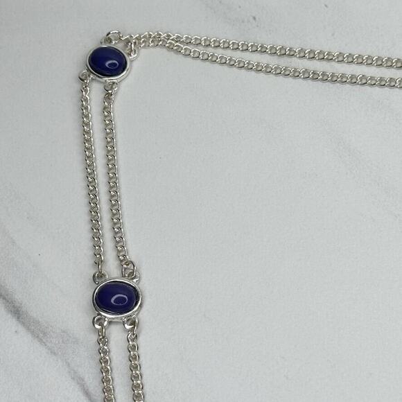 Chico's Blue Cabochon Double Strand Long Silver Tone Chain Link Station Necklace - Picture 2 of 16